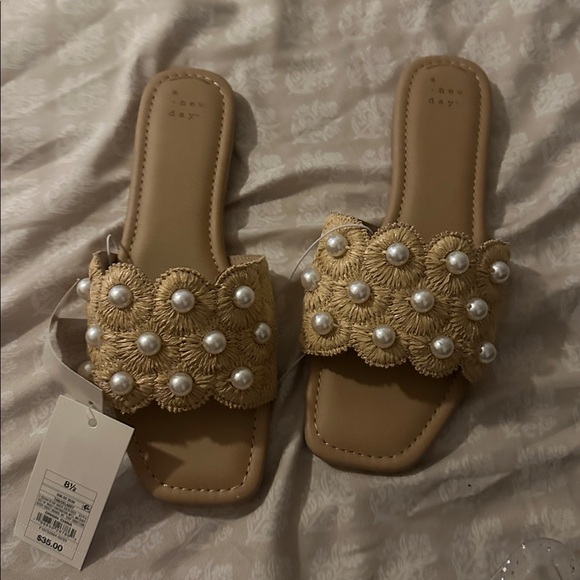 Beige Sandals with Pearl Accents - Picture 2 of 3